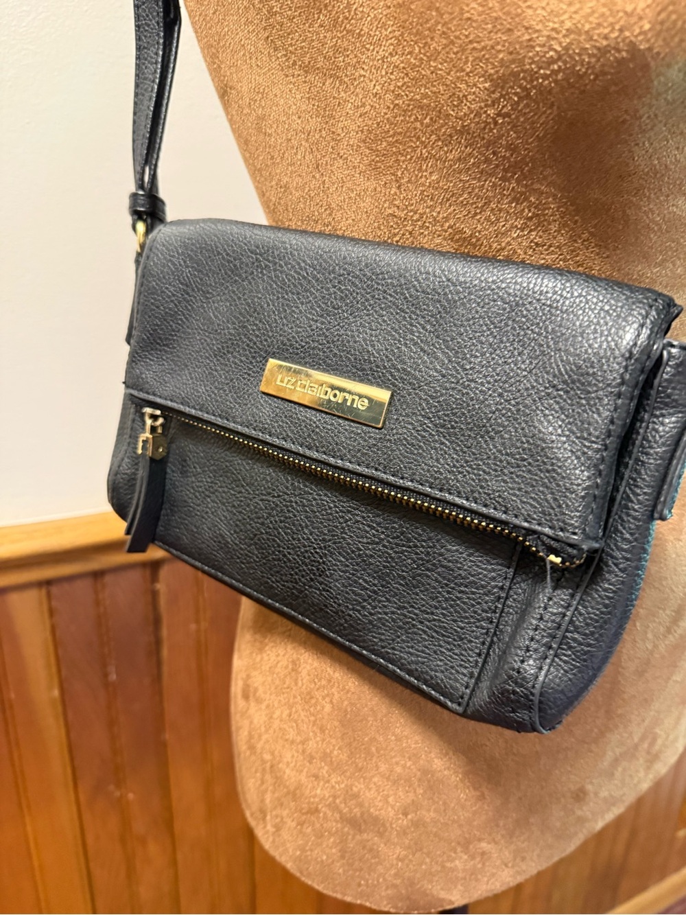 Liz Claiborne Black Leather Crossbody with Gold Hardware